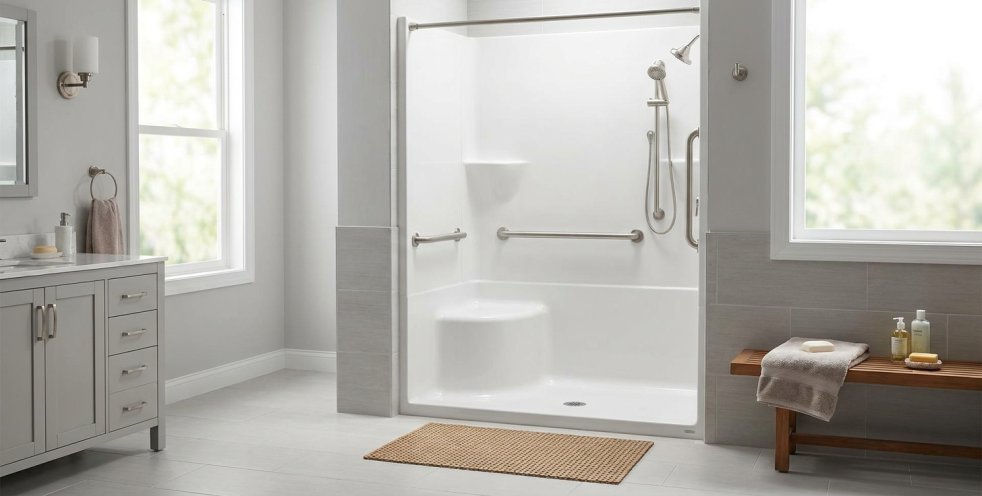 Walk-in shower unit with grab bars and built-in seat in a bright modern bathroom