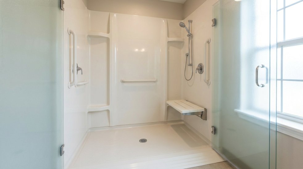 Accessible walk-in shower conversion with grab bars, bench seat, and glass doors in a bright bathroom
