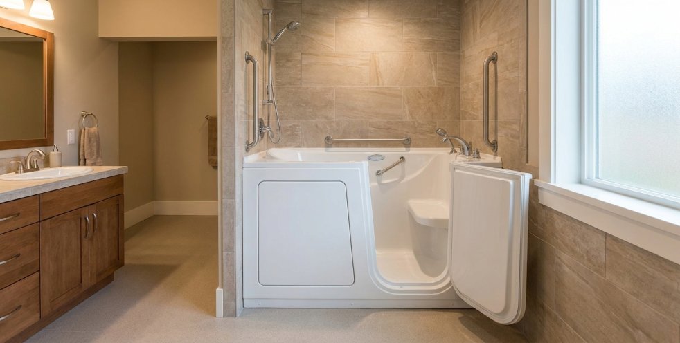 Modern bathroom with open walk-in bathtub, grab bars, and tiled shower wall