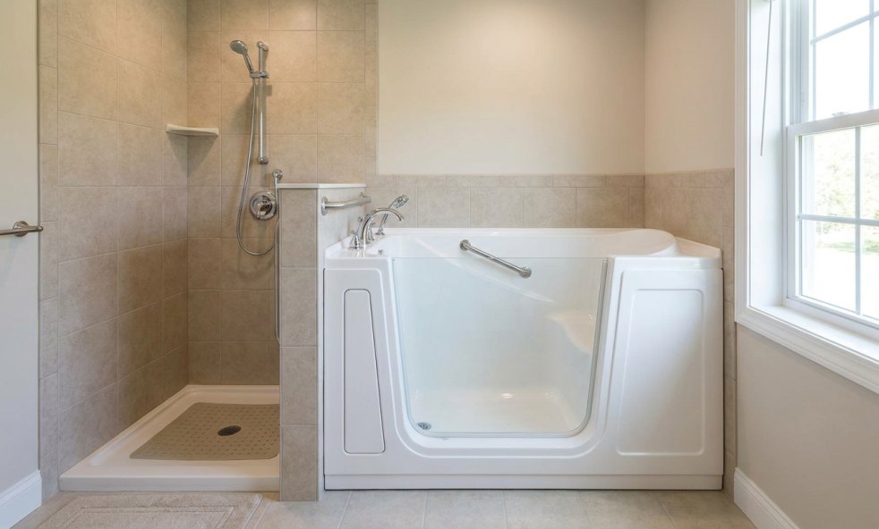 Walk-in tub with shower in a bright tiled bathroom, showing an accessible bathing setup