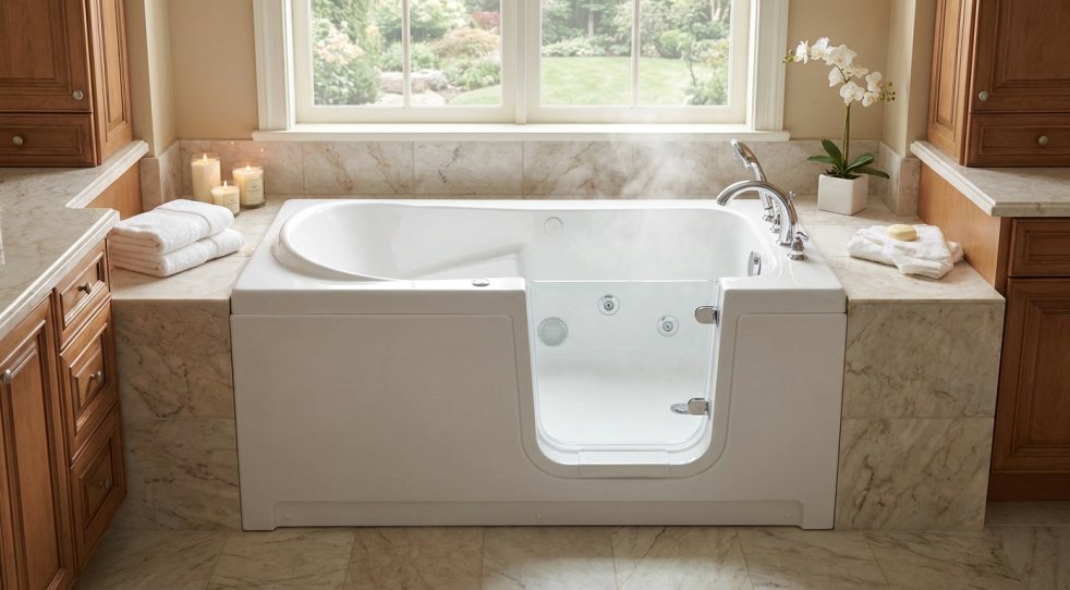 Walk-in hydrotherapy tub in a bright bathroom with marble surround and folded towels