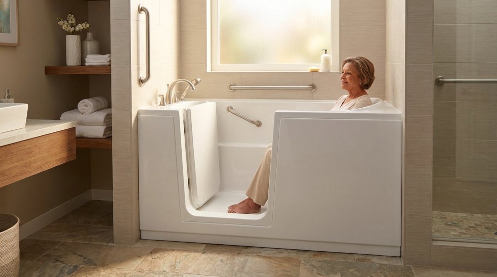 Senior woman relaxing in a walk-in bathtub in a modern bathroom